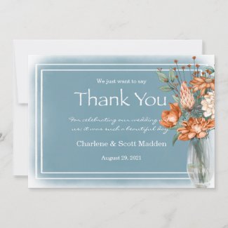 Boho Chic Orange and Cream Flower Smokey Blue Wash Thank You Card