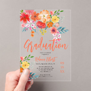 Boho Chic Orange Floral Graduation Photo Acrylic Invitations