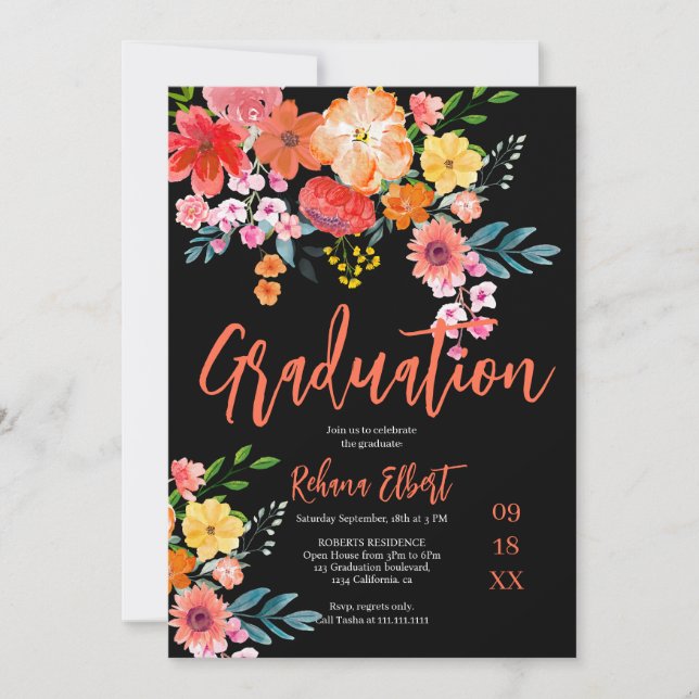 Boho Chic Orange Floral Graduation Photo  Invitation (Front)