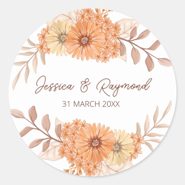 Boho Chic Orange Floral Wedding  Classic Round Sticker (Front)