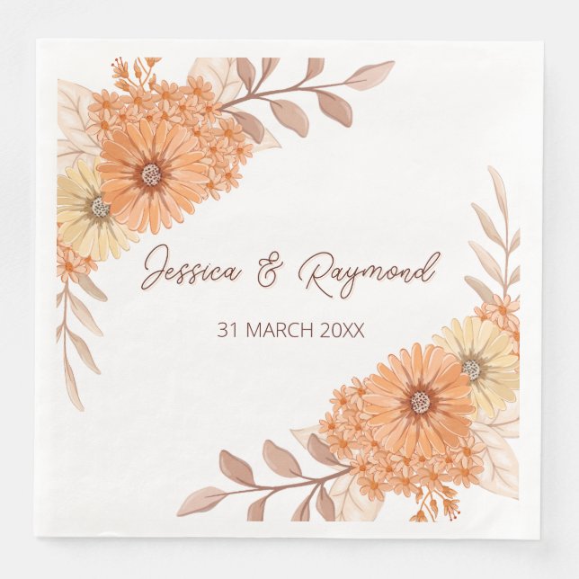 Boho Chic Orange Floral Wedding  Paper Dinner Napkins (Front)