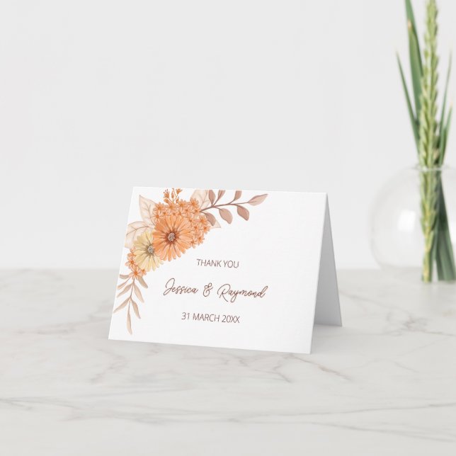 Boho Chic Orange Floral Wedding Thank You Card (Front)