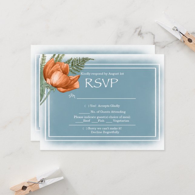 Boho Chic Orange Florals Smokey Blue RSVP (Front/Back In Situ)