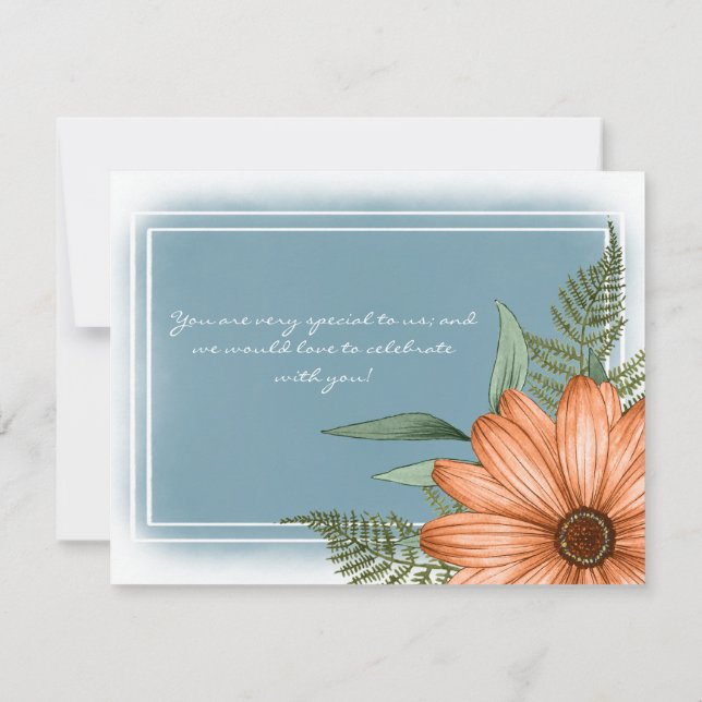 Boho Chic Orange Florals Smokey Blue RSVP (Back)