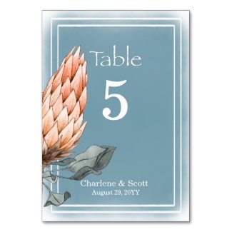 Boho Chic Orange Flower Smokey Blue Wash Table Number