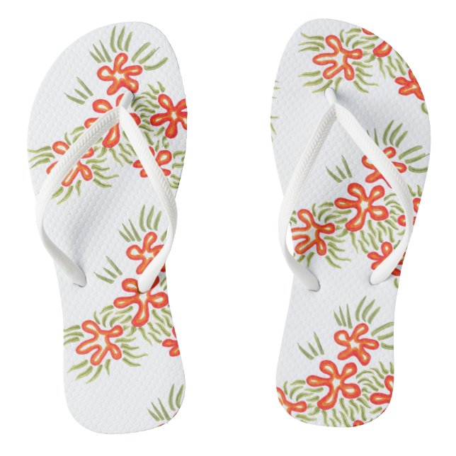 Boho Chic Orange Red Floral Artsy Pattern Flip Flops (Footbed)