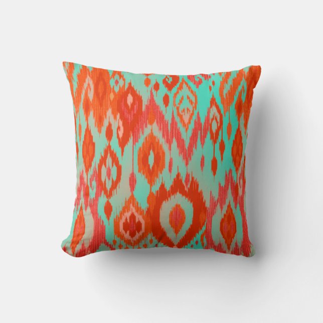 Boho Chic orange red turquoise Ikat Tribe Tapestry Throw Pillow (Front)