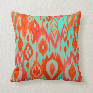 Boho Chic orange red turquoise Ikat Tribe Tapestry Throw Pillow