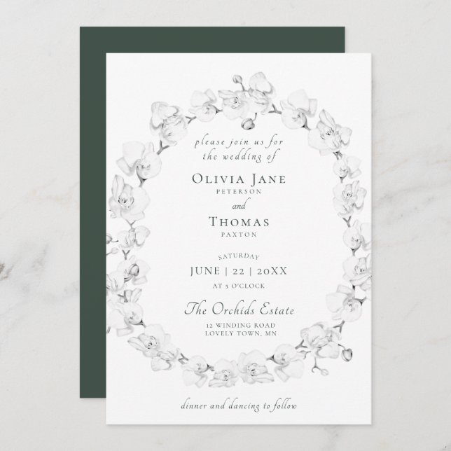 Boho Chic Orchid Floral Wreath Green Art Wedding Invitation (Front/Back)