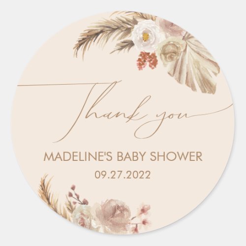 Boho Chic Pampas Grass Baby Shower Thank You Classic Round Sticker