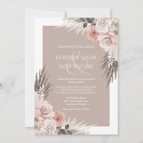 Boho Chic Pampas Grass Beige Earth Tones Wedding Invitation