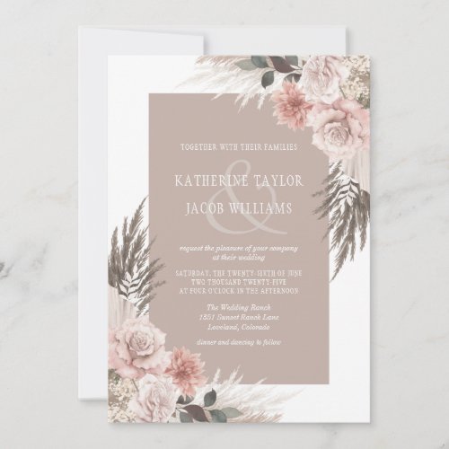 Boho Chic Pampas Grass Beige Floral Wedding Invitation