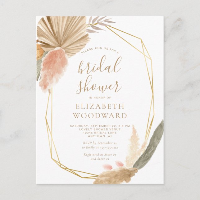 Boho Chic Pampas Grass Bridal Shower Invitation Postcard (Front)