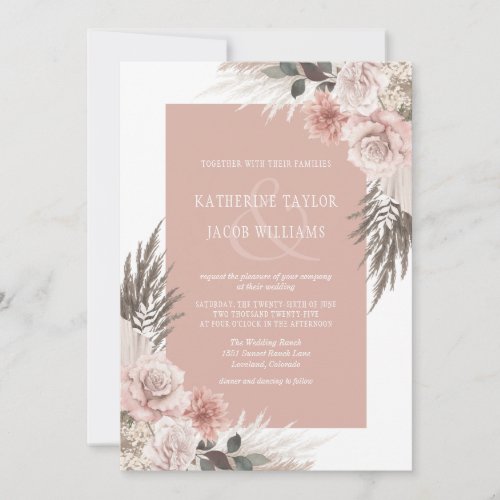 Boho Chic Pampas Grass Dusty Pink Floral Wedding Invitation