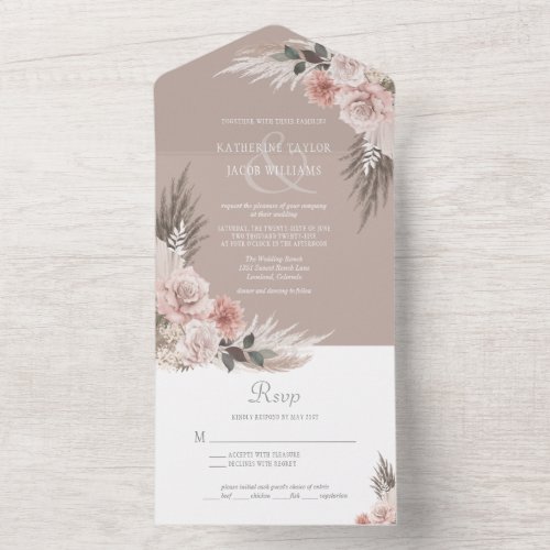 Boho Chic Pampas Grass Earth Tones Floral Wedding All In One Invitation