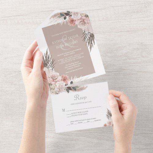 Boho Chic Pampas Grass Earth Tones Floral Wedding  All In One Invitation