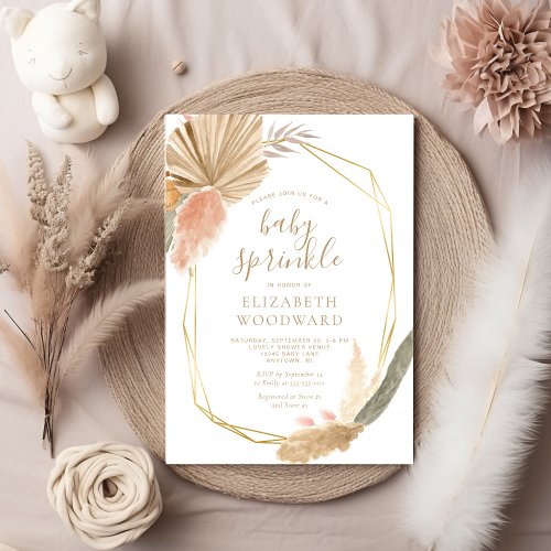 Boho Chic Pampas Grass Gold Frame Baby Sprinkle Invitation