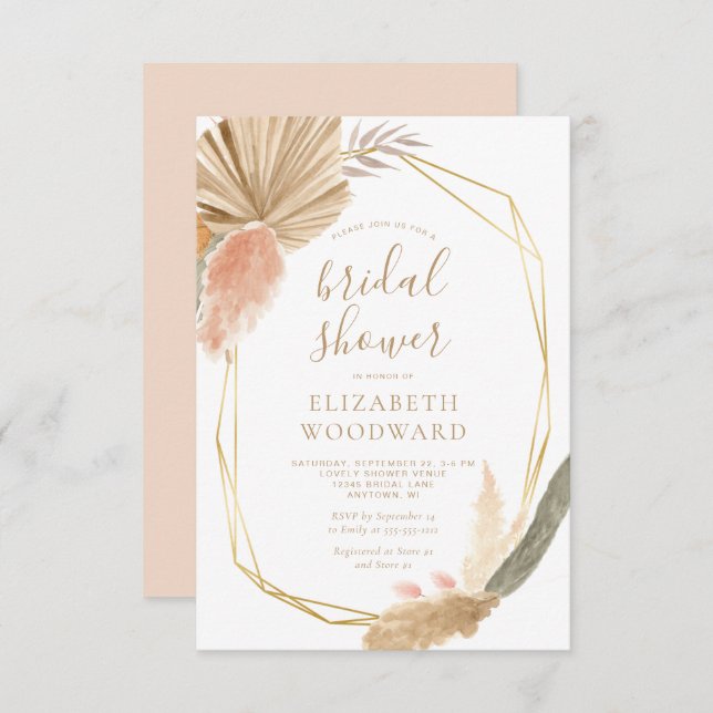 Boho Chic Pampas Grass Gold Frame Bridal Shower Invitation (Front/Back)