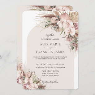 Boho Chic Pampas Grass Orchid Floral Arch Wedding Invitation