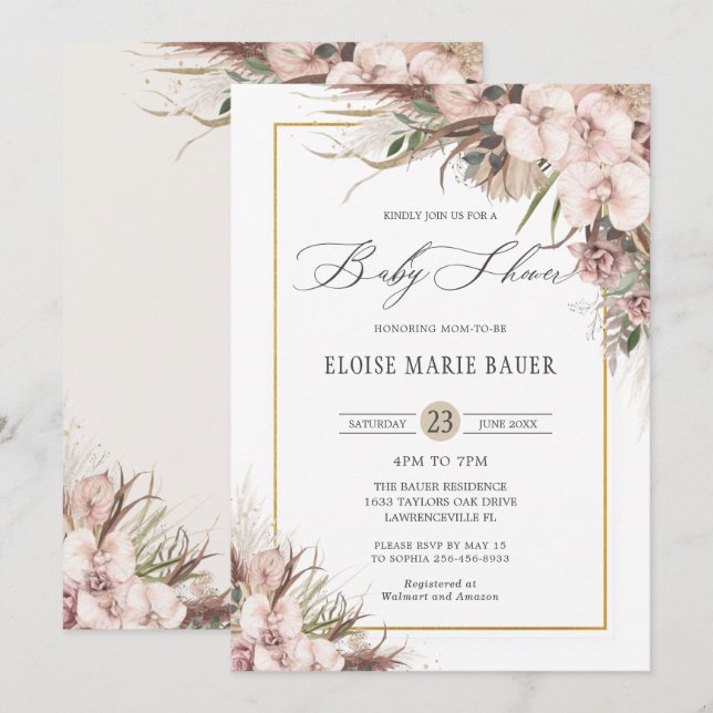 Boho Chic Pampas Grass Orchid Floral Baby Shower  Invitation (Front/Back)