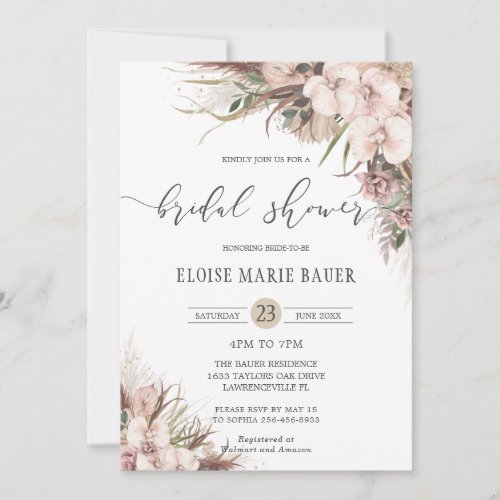 Boho Chic Pampas Grass Orchid Floral Bridal Shower Invitation