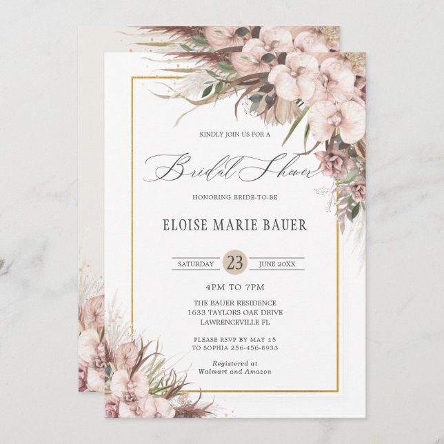 Boho Chic Pampas Grass Orchid Floral Bridal Shower Invitation (Front/Back)