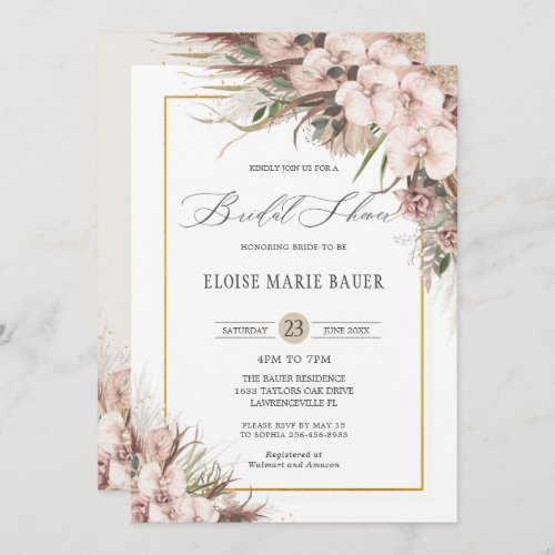 Boho Chic Pampas Grass Orchid Floral Bridal Shower Invitation