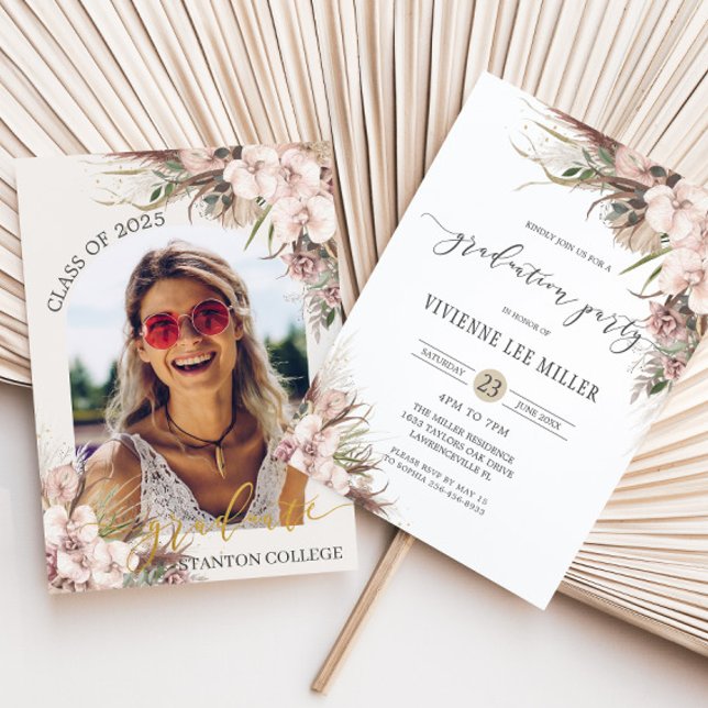 Boho Chic Pampas Grass Orchid Floral Graduation Invitation (boho pampas grass orchid floral neutral tones graduation party picture invitation cards download)