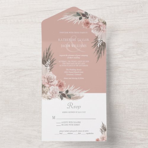 Boho Chic Pampas Grass Pink Sage Floral Wedding All In One Invitation