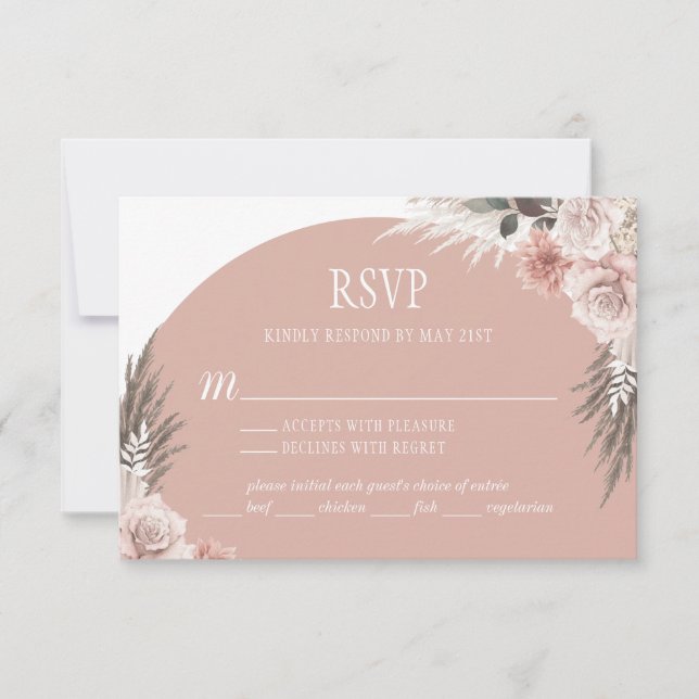 Boho Chic Pampas Grass Pink Sage Floral Wedding RSVP Card (Front)