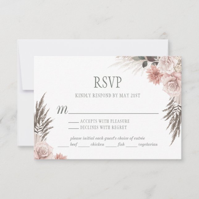 Boho Chic Pampas Grass Pink Sage Floral Wedding RSVP Card (Front)