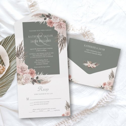 Boho Chic Pampas Grass Sage Green Floral Wedding All In One Invitation