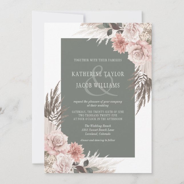 Boho Chic Pampas Grass Sage Green Floral Wedding Invitation (Front)