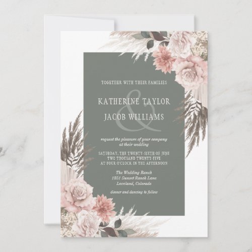 Boho Chic Pampas Grass Sage Green Floral Wedding Invitation