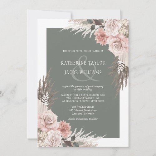 Boho Chic Pampas Grass Sage Green Floral Wedding Invitation