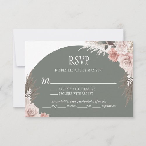 Boho Chic Pampas Grass Sage Green Floral Wedding RSVP Card