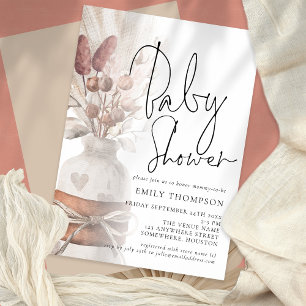 Boho Chic Pampas Grass Script Baby Shower Invitation