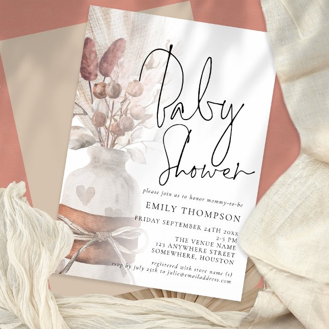 Boho Chic Pampas Grass Script Baby Shower  Invitation (Creator Uploaded)