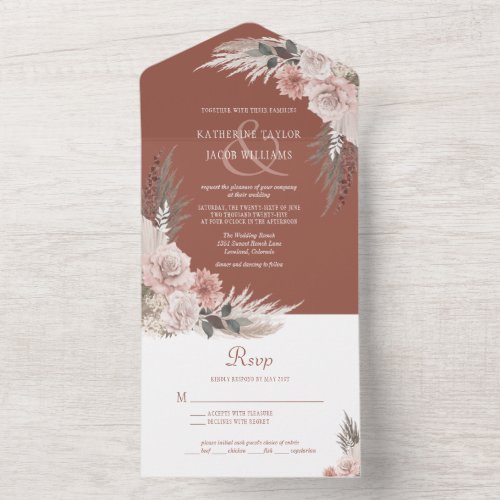 Boho Chic Pampas Grass Terracotta Floral Wedding All In One Invitation