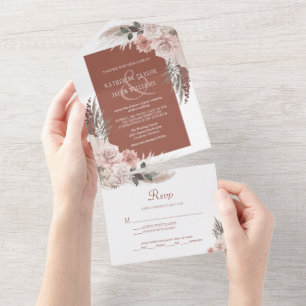 Boho Chic Pampas Grass Terracotta Floral Wedding All In One Invitation