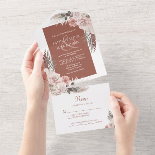 Boho Chic Pampas Grass Terracotta Floral Wedding  All In One Invitation