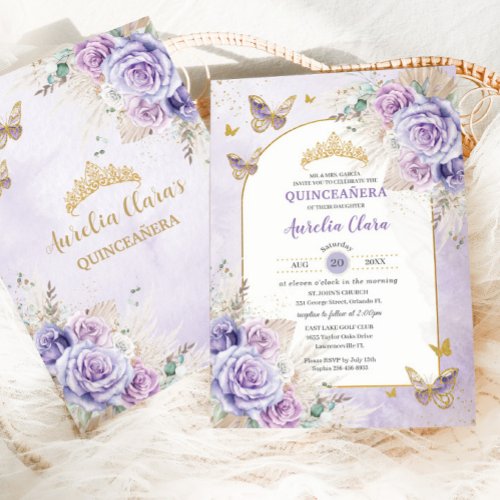 Boho Chic Pampas Purple Lilac Floral Quinceaera Invitation