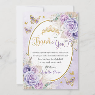 Boho Chic Pampas Purple Lilac Floral Quinceañera Thank You Card