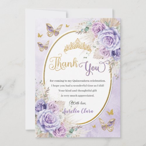 Boho Chic Pampas Purple Lilac Floral Quinceaera Thank You Card
