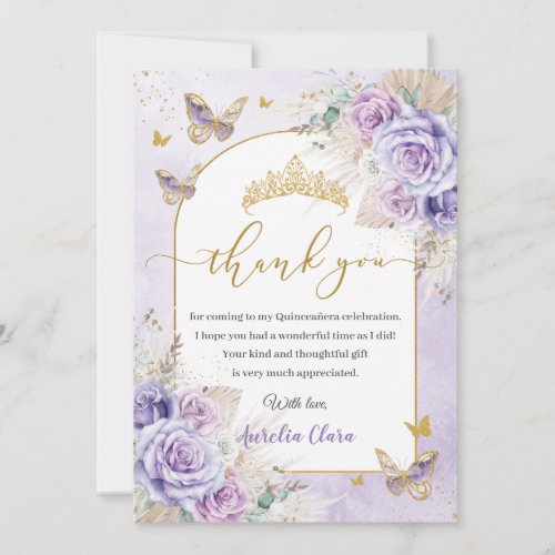 Boho Chic Pampas Purple Lilac Floral Quinceaera Thank You Card