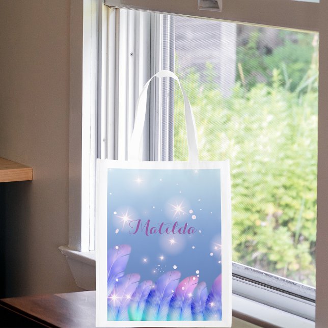 Boho Chic Pastel Purple Pink Feathers Sparkles Grocery Bag (Creator Uploaded)