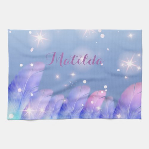 Boho Chic Pastel Purple Pink Feathers Sparkles Kitchen Towel