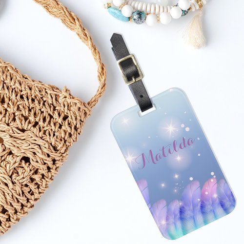 Boho Chic Pastel Purple Pink Feathers Sparkles Luggage Tag