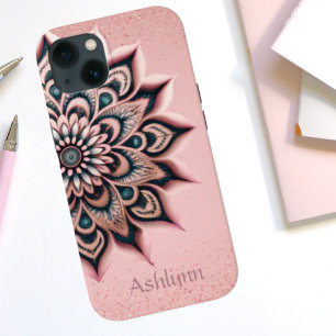 Boho Chic Personalized Floral Mandala Rose Gold iPhone 13 Case