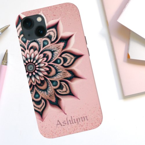 Boho Chic Personalized Floral Mandala Rose Gold  iPhone 13 Case